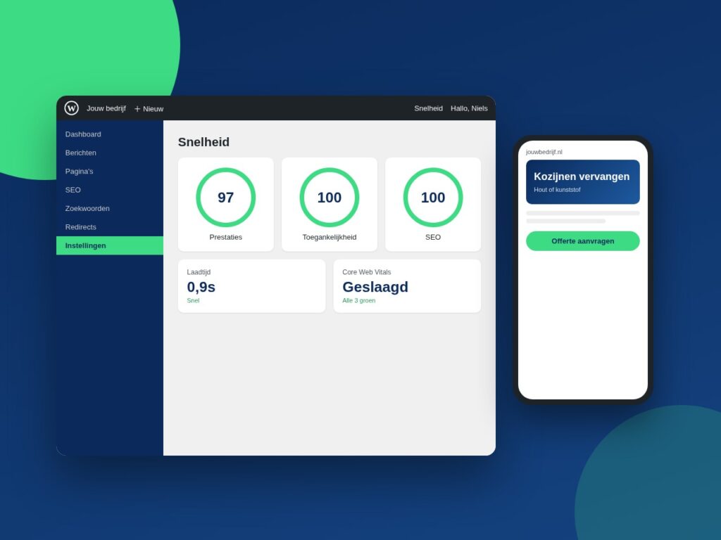 Illustratie van websiteprestaties op desktop en mobiel